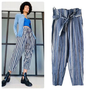 PINKYOTTO | High-Waisted Striped Paperbag 100% Cotton Pants Self Tie Belt Size S